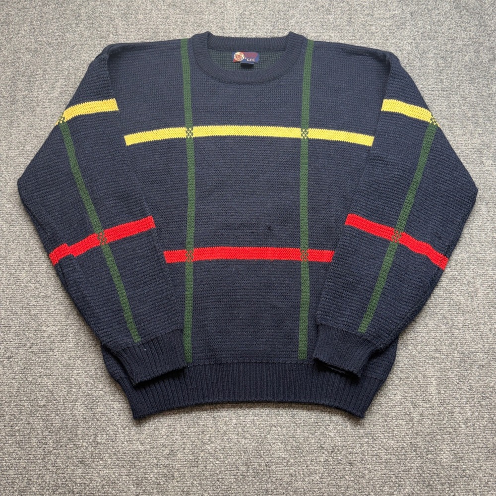 Vintage Trading Company by GFC Mens Large Navy Blue Grid Waffle Knit Sweater L